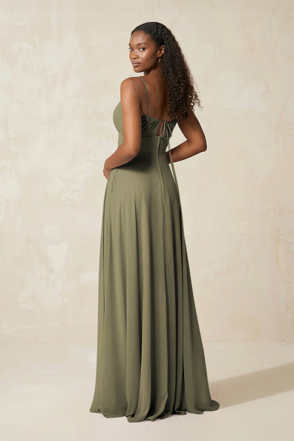 A-Line Ruched Chiffon Spaghetti Strap Bridesmaid Dress in Thyme (2) | KISSBRIDAL