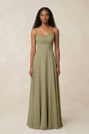 A - Line Ruched Chiffon Spaghetti Strap Bridesmaid Dress in Thyme - SHE IS ME Bridesmaid Dresses