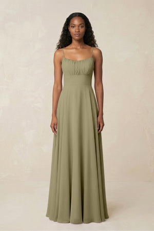 A - Line Ruched Chiffon Spaghetti Strap Bridesmaid Dress in Thyme - SHE IS ME Bridesmaid Dresses