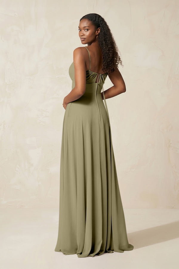 A - Line Ruched Chiffon Spaghetti Strap Bridesmaid Dress in Thyme - SHE IS ME Bridesmaid Dresses