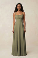 A-Line Ruched Chiffon Spaghetti Strap Bridesmaid Dress in Thyme | KISSBRIDAL