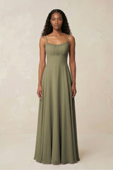 A-Line Ruched Chiffon Spaghetti Strap Bridesmaid Dress in Thyme | KISSBRIDAL
