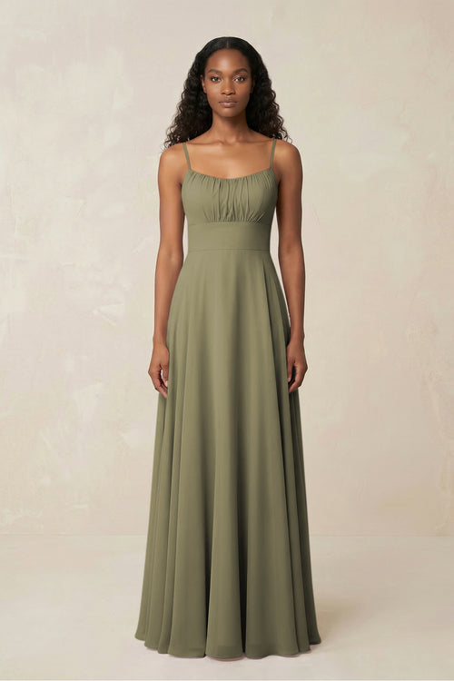 A-Line Ruched Chiffon Spaghetti Strap Bridesmaid Dress in Thyme | KISSBRIDAL