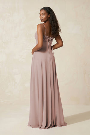 A-Line Ruched Chiffon Spaghetti Strap Bridesmaid Dress in Toffee (2) | KISSBRIDAL