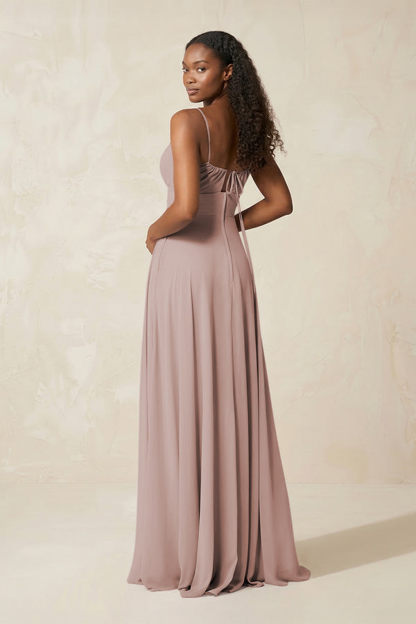 A-Line Ruched Chiffon Spaghetti Strap Bridesmaid Dress in Toffee (2) | KISSBRIDAL