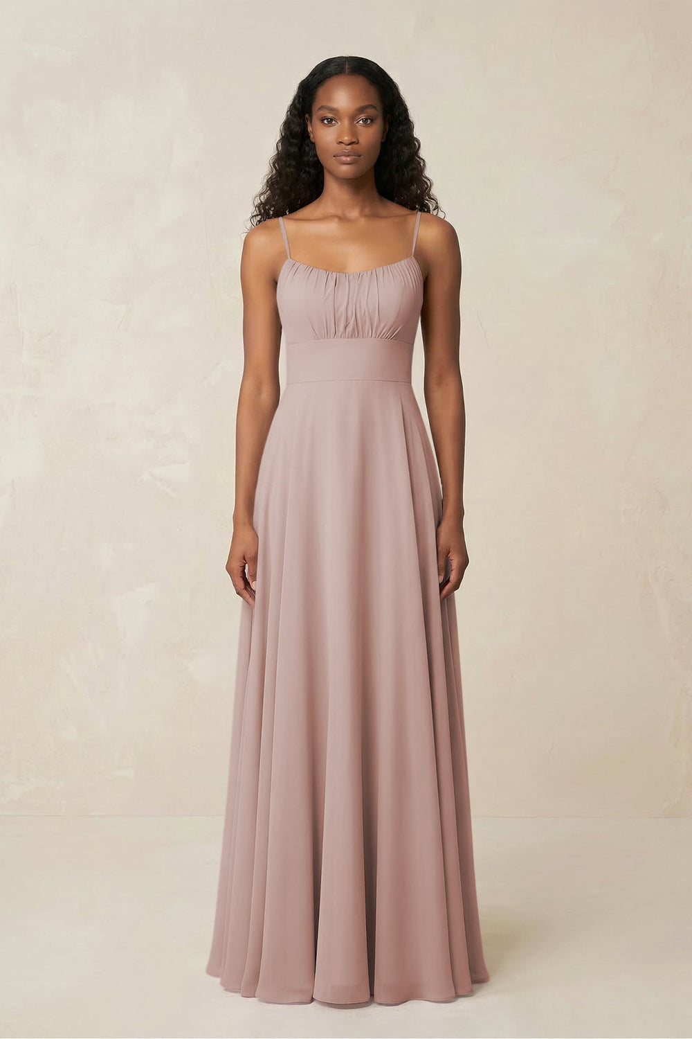 A - Line Ruched Chiffon Spaghetti Strap Bridesmaid Dress in Toffee - KISS BRIDAL Bridesmaid Dresses