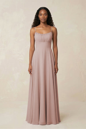 A - Line Ruched Chiffon Spaghetti Strap Bridesmaid Dress in Toffee - SHE IS ME Bridesmaid Dresses