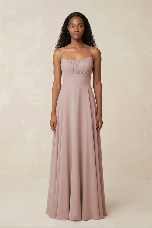 A - Line Ruched Chiffon Spaghetti Strap Bridesmaid Dress in Toffee - SHE IS ME Bridesmaid Dresses
