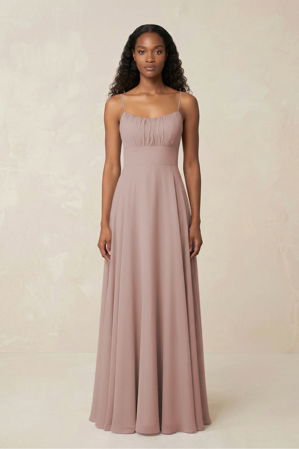 A-Line Ruched Chiffon Spaghetti Strap Bridesmaid Dress in Toffee