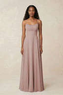 A-Line Ruched Chiffon Spaghetti Strap Bridesmaid Dress in Toffee | KISSBRIDAL