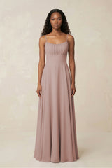 A-Line Ruched Chiffon Spaghetti Strap Bridesmaid Dress in Toffee | KISSBRIDAL