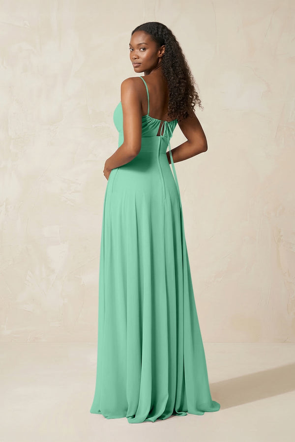 A - Line Ruched Chiffon Spaghetti Strap Bridesmaid Dress in Turquoise - SHE IS ME Bridesmaid Dresses