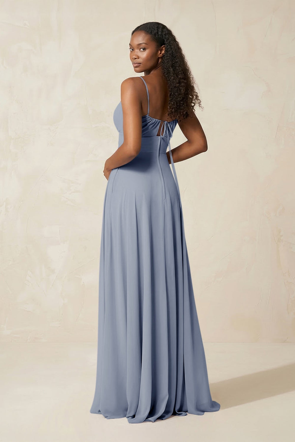 A - Line Ruched Chiffon Spaghetti Strap Bridesmaid Dress in Twilight - KISS BRIDAL Bridesmaid Dresses