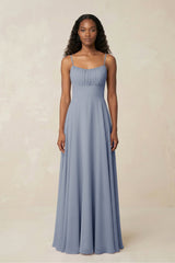 A - Line Ruched Chiffon Spaghetti Strap Bridesmaid Dress in Twilight - KISS BRIDAL Bridesmaid Dresses