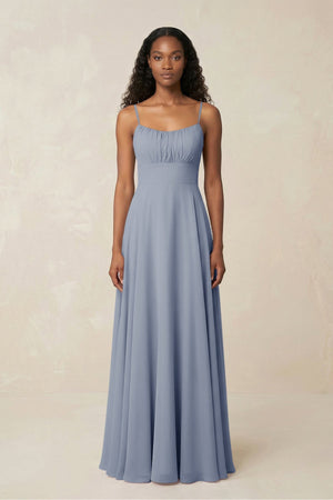 A - Line Ruched Chiffon Spaghetti Strap Bridesmaid Dress in Twilight - SHE IS ME Bridesmaid Dresses