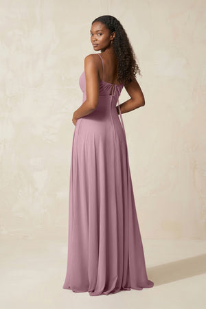 A-Line Ruched Chiffon Spaghetti Strap Bridesmaid Dress in Vintage Mauve (2) | KISSBRIDAL