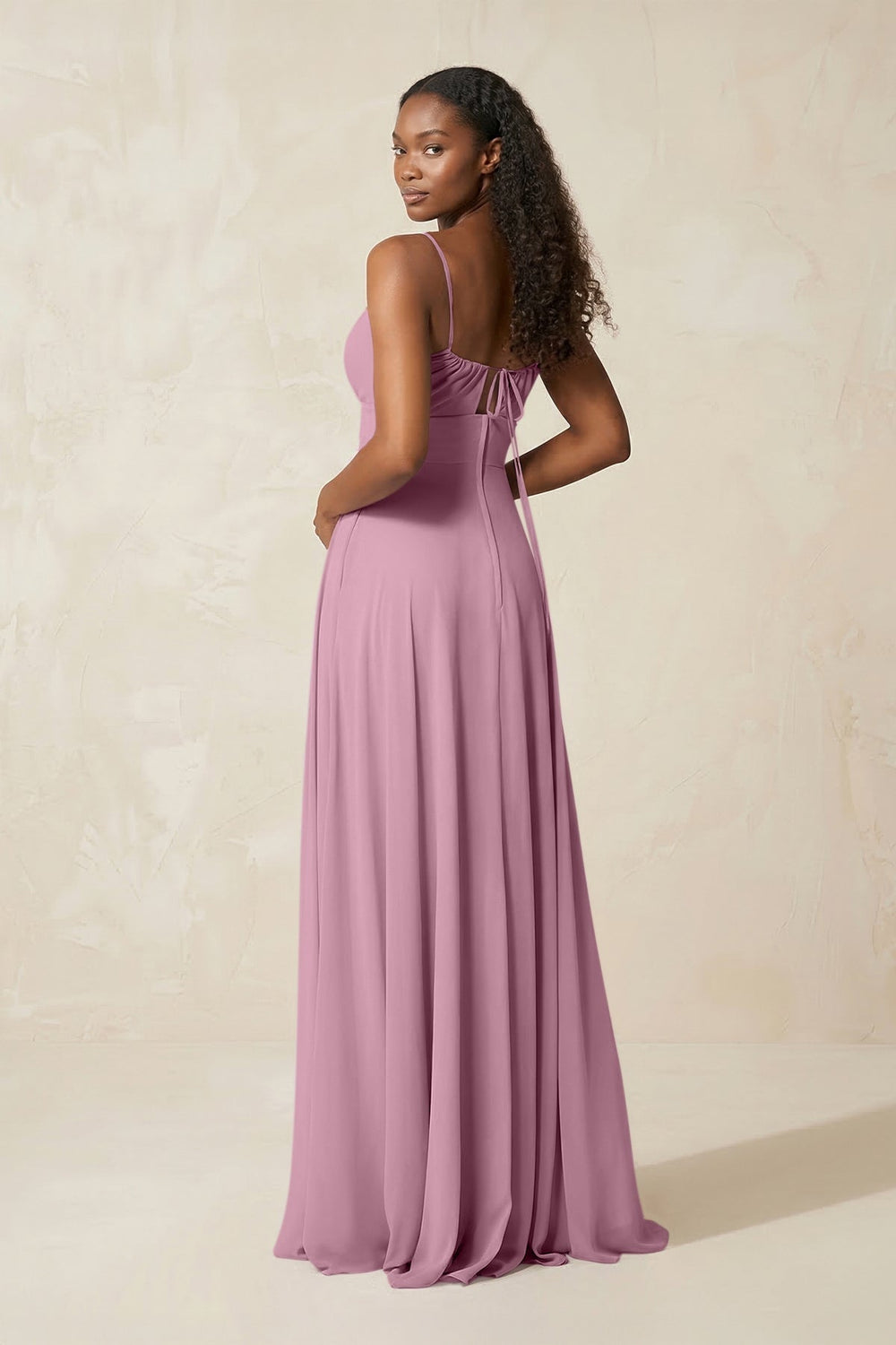 A - Line Ruched Chiffon Spaghetti Strap Bridesmaid Dress in Vintage Mauve - KISS BRIDAL Bridesmaid Dresses