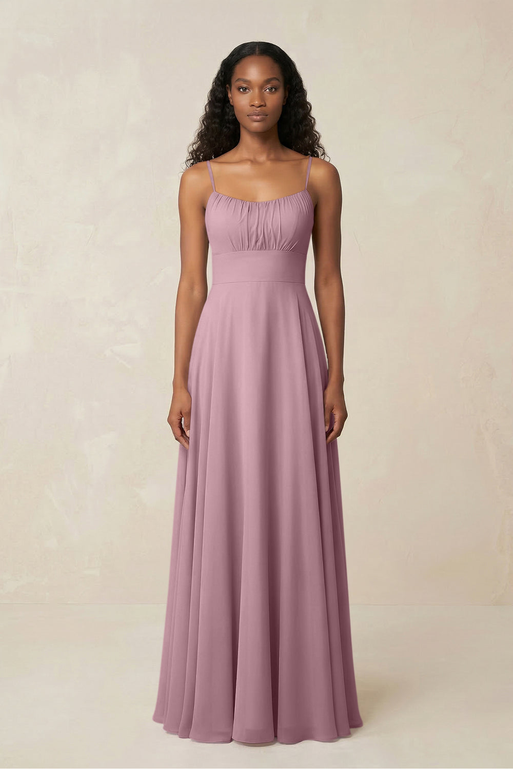 A-Line Ruched Chiffon Spaghetti Strap Bridesmaid Dress in Vintage Mauve