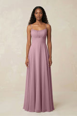 A-Line Ruched Chiffon Spaghetti Strap Bridesmaid Dress in Vintage Mauve | KISSBRIDAL