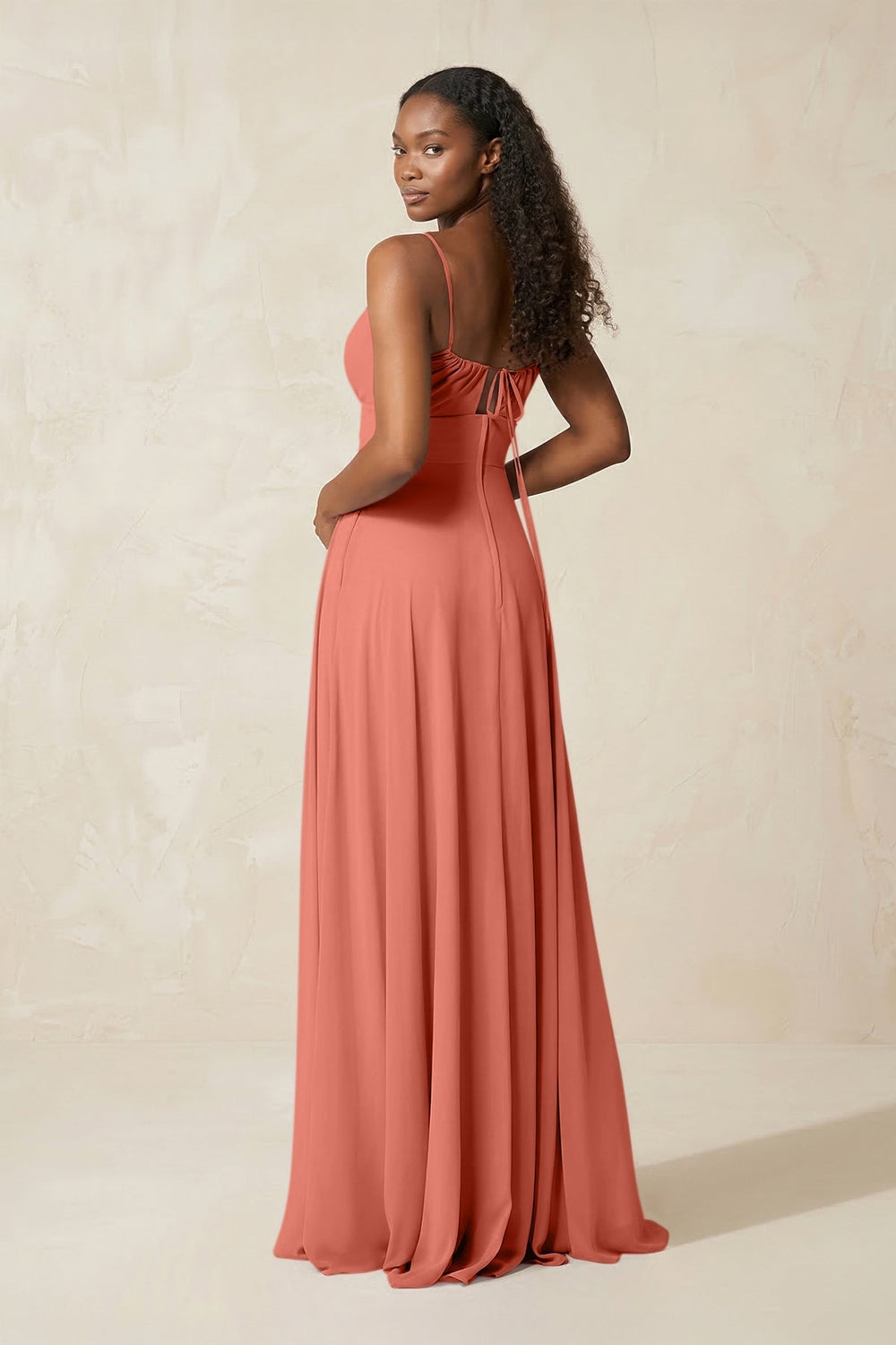 A - Line Ruched Chiffon Spaghetti Strap Bridesmaid Dress in Wild Rose - KISS BRIDAL Bridesmaid Dresses
