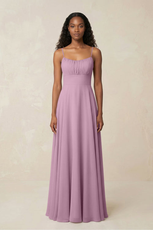 A - Line Ruched Chiffon Spaghetti Strap Bridesmaid Dress in Wisteria - SHE IS ME Bridesmaid Dresses