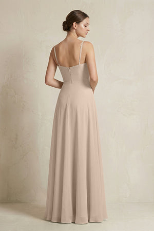 A - Line Ruffled Spaghetti Strap Chiffon Bridesmaid Dress in Almond - SHE IS ME Bridesmaid Dresses