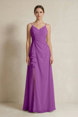 A - Line Ruffled Spaghetti Strap Chiffon Bridesmaid Dress in Amethyst - KISS BRIDAL Bridesmaid Dresses