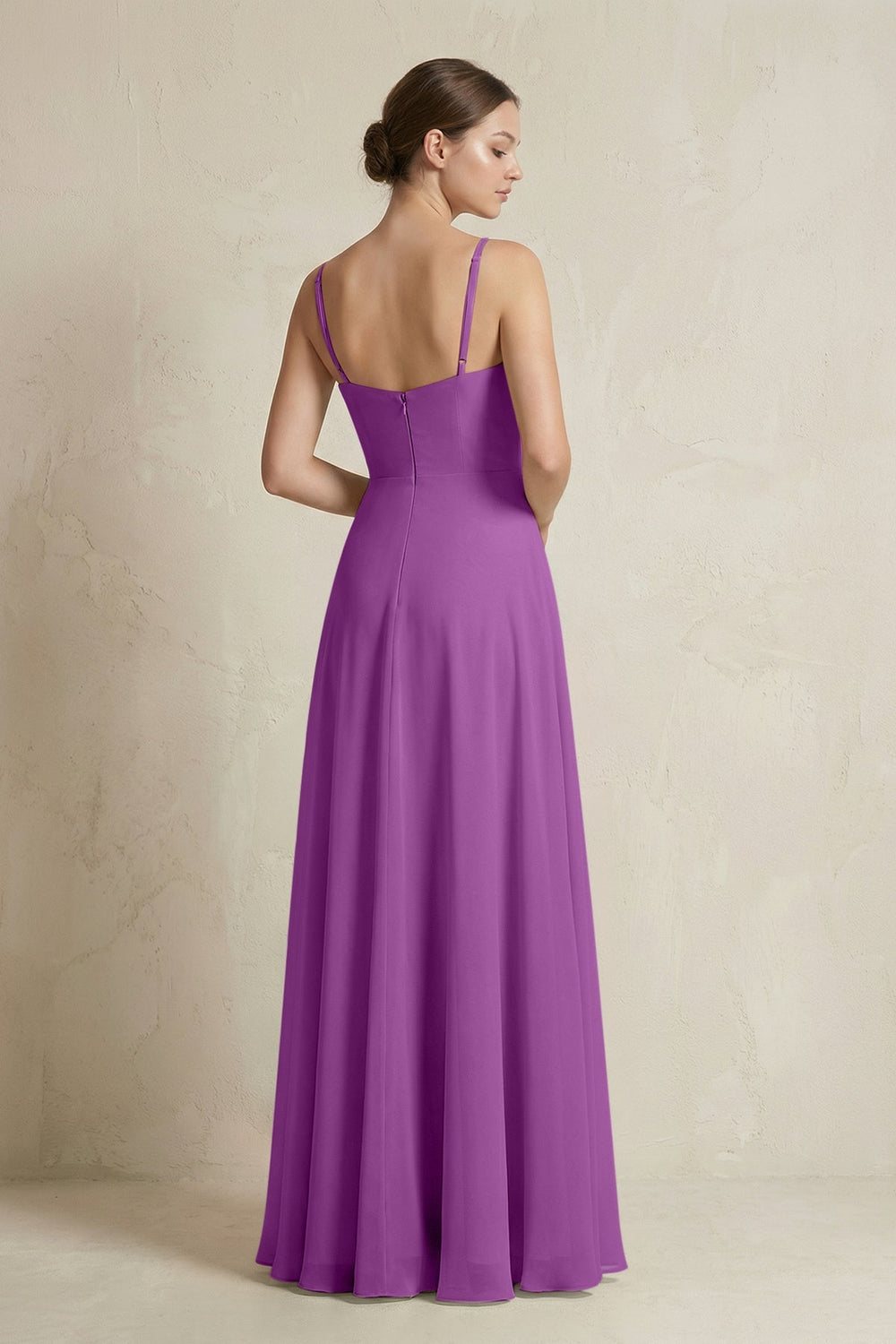 A - Line Ruffled Spaghetti Strap Chiffon Bridesmaid Dress in Amethyst - SHE IS ME Bridesmaid Dresses