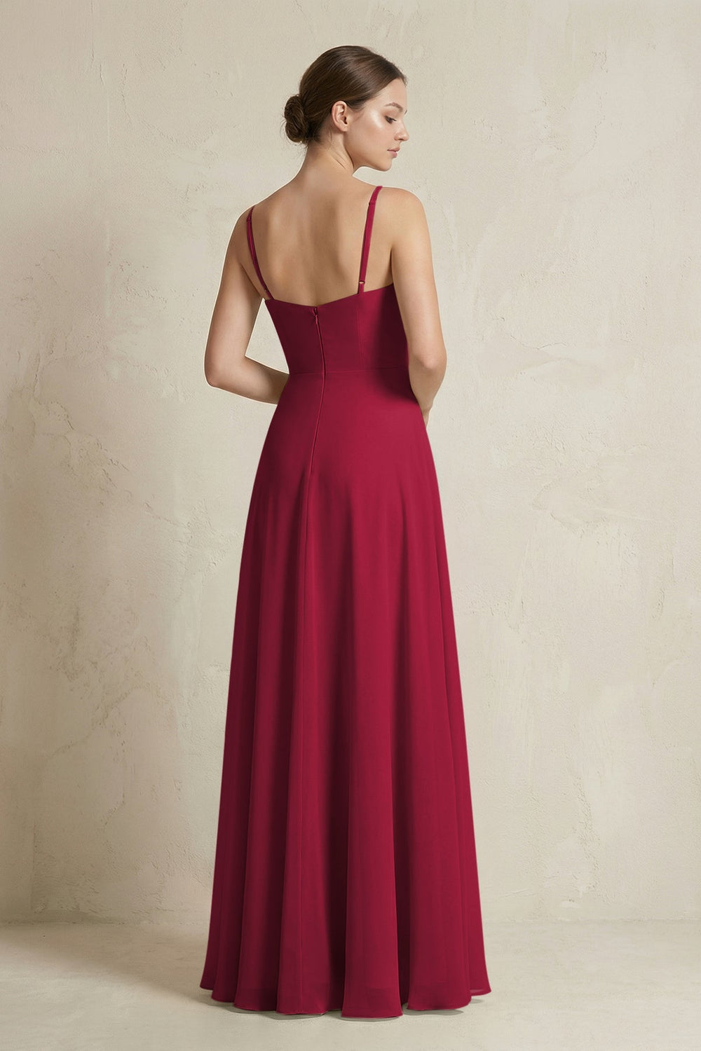 A - Line Ruffled Spaghetti Strap Chiffon Bridesmaid Dress in Berry - SHE IS ME Bridesmaid Dresses
