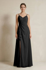 A - Line Ruffled Spaghetti Strap Chiffon Bridesmaid Dress in Black - KISS BRIDAL Bridesmaid Dresses