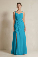 A - Line Ruffled Spaghetti Strap Chiffon Bridesmaid Dress in Blue Jay - KISS BRIDAL Bridesmaid Dresses