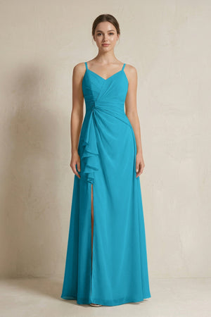 A - Line Ruffled Spaghetti Strap Chiffon Bridesmaid Dress in Blue Jay - SHE IS ME Bridesmaid Dresses