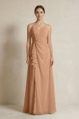 A - Line Ruffled Spaghetti Strap Chiffon Bridesmaid Dress in Bronzer - KISS BRIDAL Bridesmaid Dresses