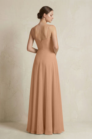 A - Line Ruffled Spaghetti Strap Chiffon Bridesmaid Dress in Bronzer - SHE IS ME Bridesmaid Dresses