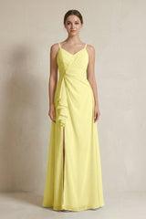 A - Line Ruffled Spaghetti Strap Chiffon Bridesmaid Dress in Buttercup - KISS BRIDAL Bridesmaid Dresses