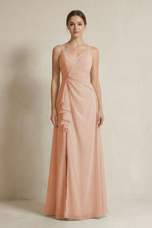 A - Line Ruffled Spaghetti Strap Chiffon Bridesmaid Dress in Champagne Rose - SHE IS ME Bridesmaid Dresses