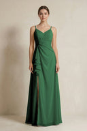A - Line Ruffled Spaghetti Strap Chiffon Bridesmaid Dress in Dark Green - SHE IS ME Bridesmaid Dresses