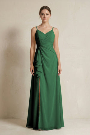 A - Line Ruffled Spaghetti Strap Chiffon Bridesmaid Dress in Dark Green - SHE IS ME Bridesmaid Dresses