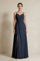 A - Line Ruffled Spaghetti Strap Chiffon Bridesmaid Dress in Dark Navy - KISS BRIDAL Bridesmaid Dresses