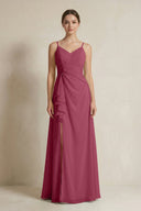 A - Line Ruffled Spaghetti Strap Chiffon Bridesmaid Dress in Desert Rose - SHE IS ME Bridesmaid Dresses