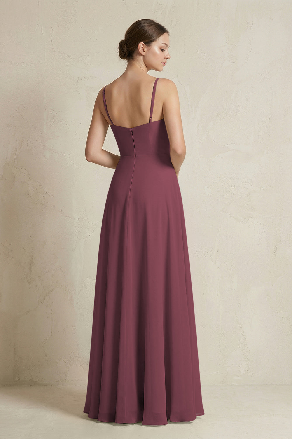 A-Line Ruffled Spaghetti Strap Chiffon Bridesmaid Dress in Desert Rose