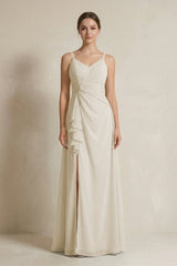A - Line Ruffled Spaghetti Strap Chiffon Bridesmaid Dress in Dove Gray - KISS BRIDAL Bridesmaid Dresses