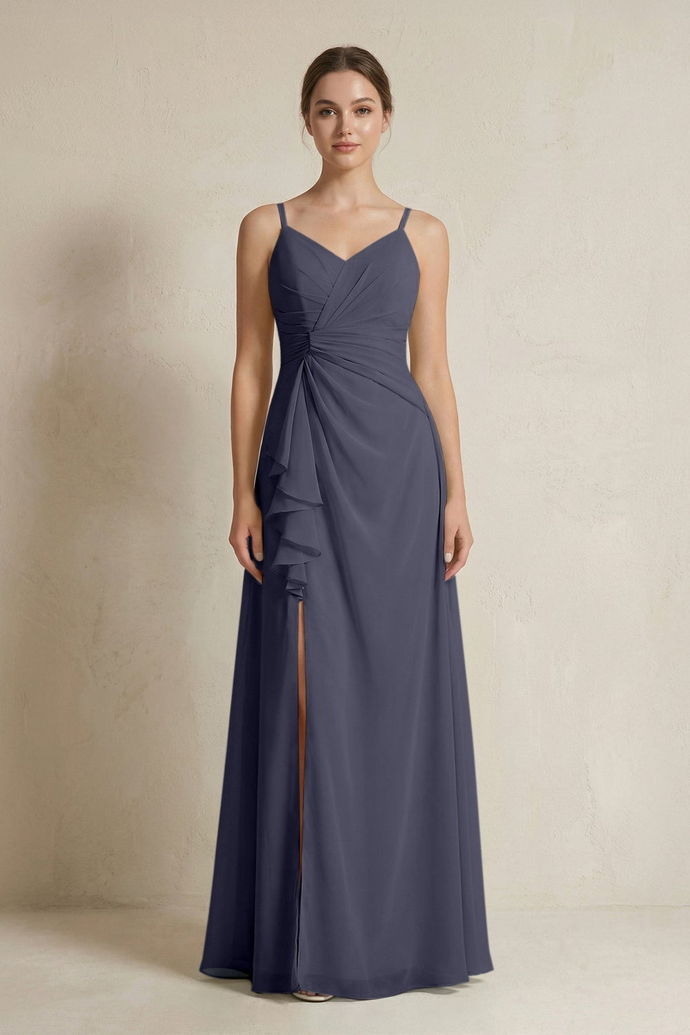 A - Line Ruffled Spaghetti Strap Chiffon Bridesmaid Dress in Dusk Blue - SHE IS ME Bridesmaid Dresses