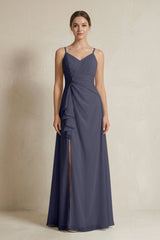 A - Line Ruffled Spaghetti Strap Chiffon Bridesmaid Dress in Dusk Blue - KISS BRIDAL Bridesmaid Dresses