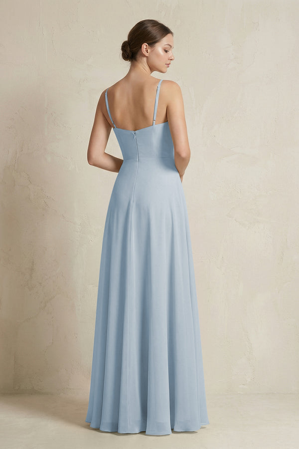 A - Line Ruffled Spaghetti Strap Chiffon Bridesmaid Dress in Dusty Blue - SHE IS ME Bridesmaid Dresses