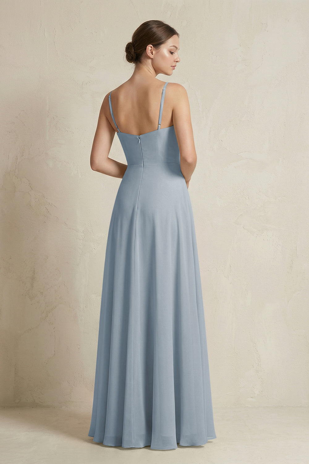 A-Line Ruffled Spaghetti Strap Chiffon Bridesmaid Dress in Dusty Blue