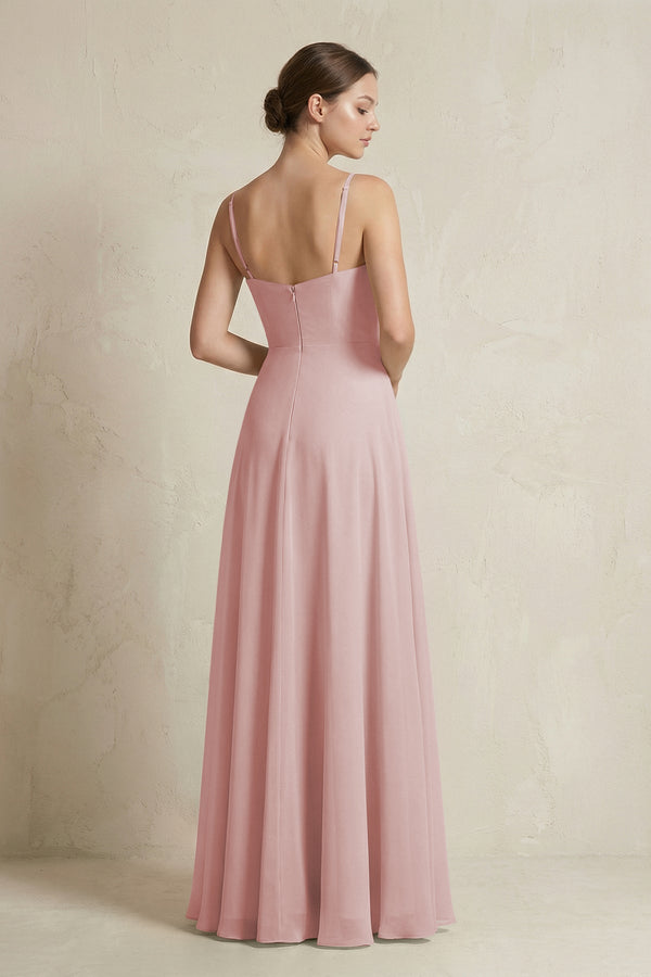 A - Line Ruffled Spaghetti Strap Chiffon Bridesmaid Dress in Dusty Rose - SHE IS ME Bridesmaid Dresses