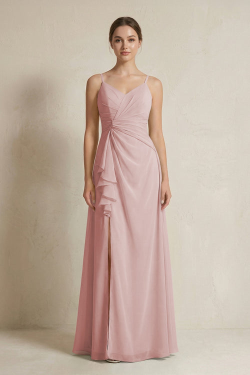 A - Line Ruffled Spaghetti Strap Chiffon Bridesmaid Dress in Dusty Rose - SHE IS ME Bridesmaid Dresses
