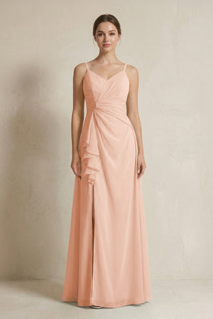 A - Line Ruffled Spaghetti Strap Chiffon Bridesmaid Dress in English Rose - SHE IS ME Bridesmaid Dresses