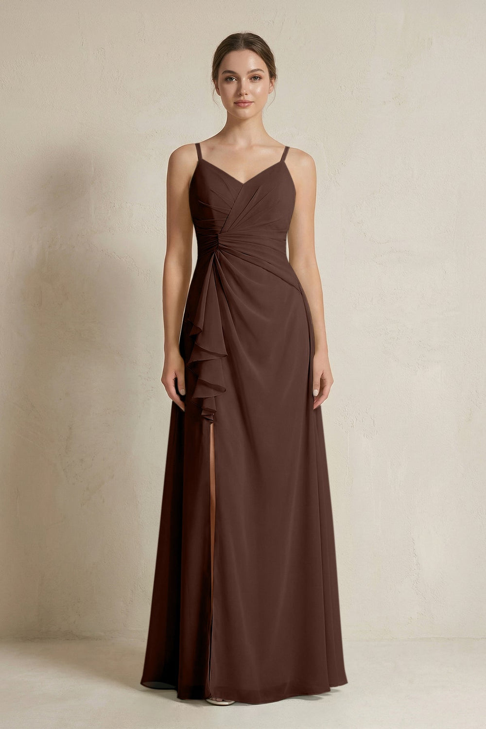 A - Line Ruffled Spaghetti Strap Chiffon Bridesmaid Dress in Espresso - SHE IS ME Bridesmaid Dresses